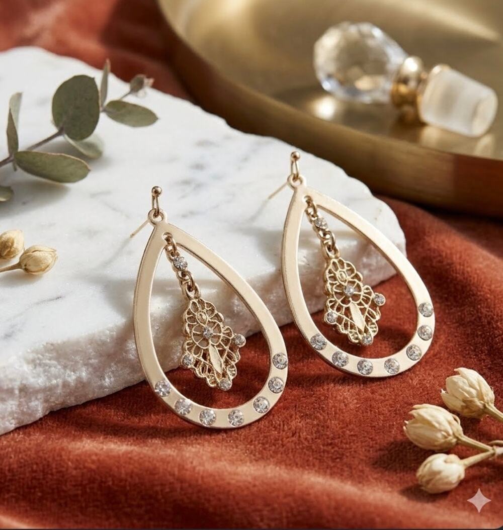 Golden Teardrop Chandelier Earrings Rhinestone Accent Textured Center Drop
